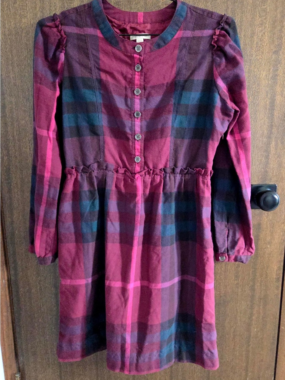 Burberry Burgundy Plaid Long-Sleeve Dress